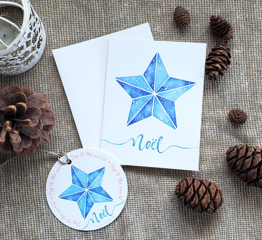 Watercolor Christmas Star Cards and Paper Ornaments - Blue