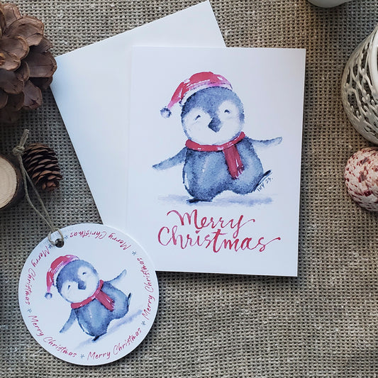 Merry Christmas Greeting Card with Paper Ornament - Penguin